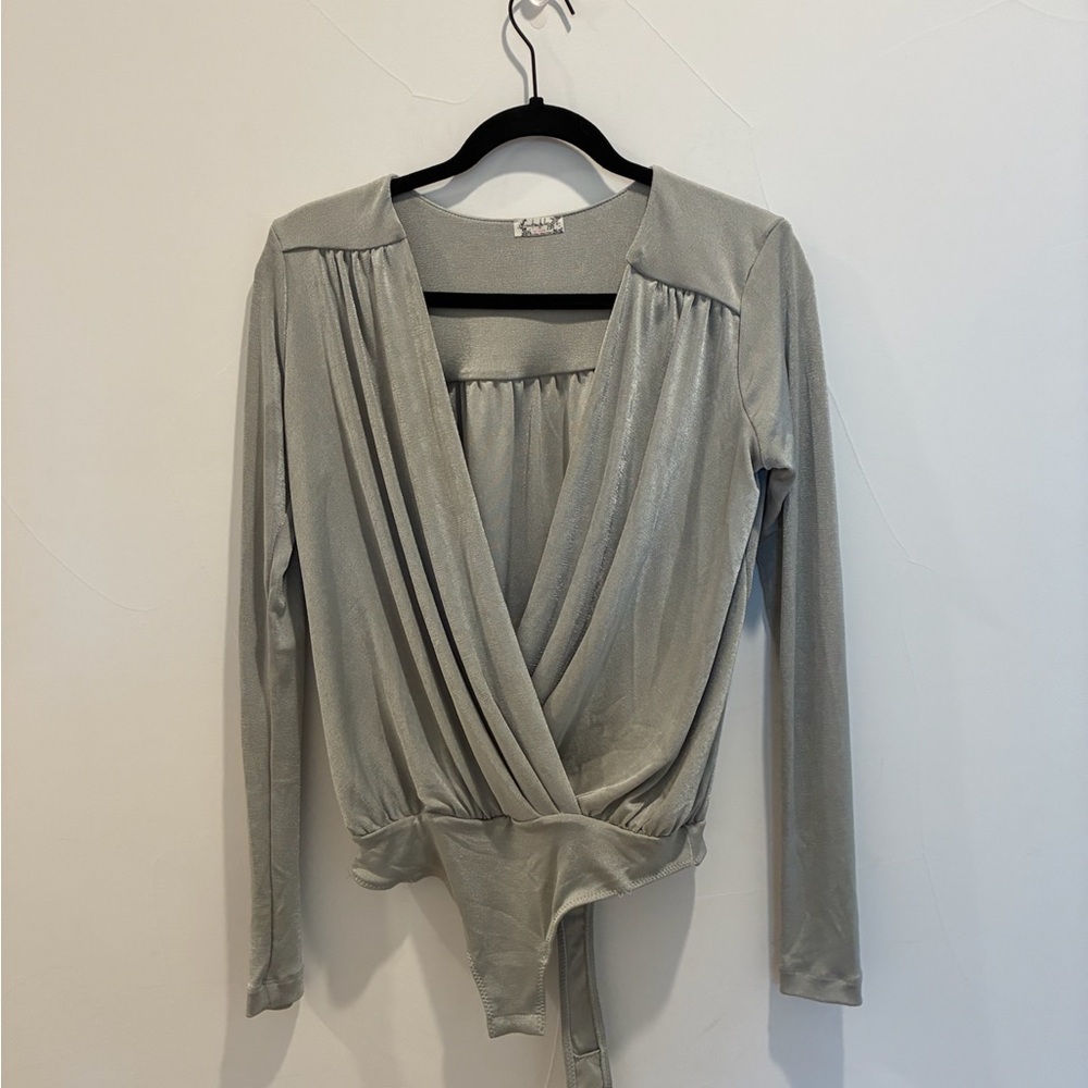 Free People Gray Wrap Bodysuit with Notched Collar